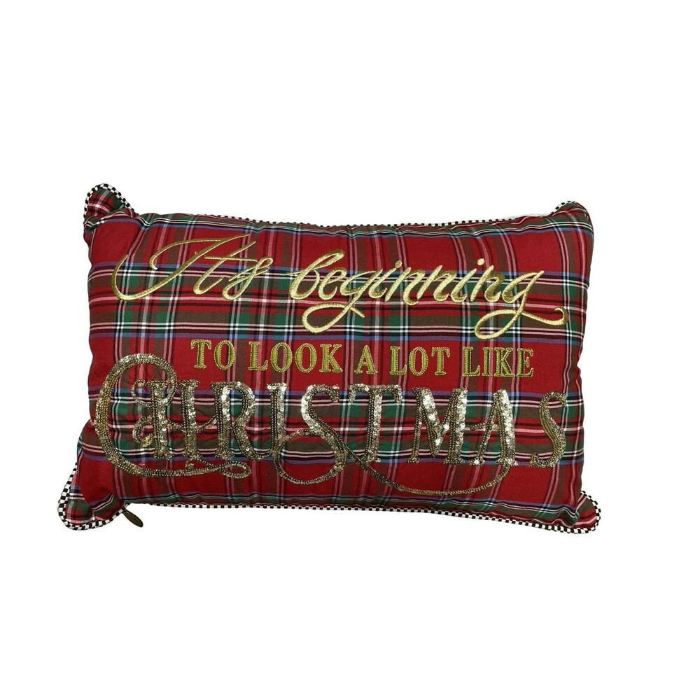 MacKenzie Childs Beginning to Look Like Christmas Lumbar Pillow 14”x22” Plaid